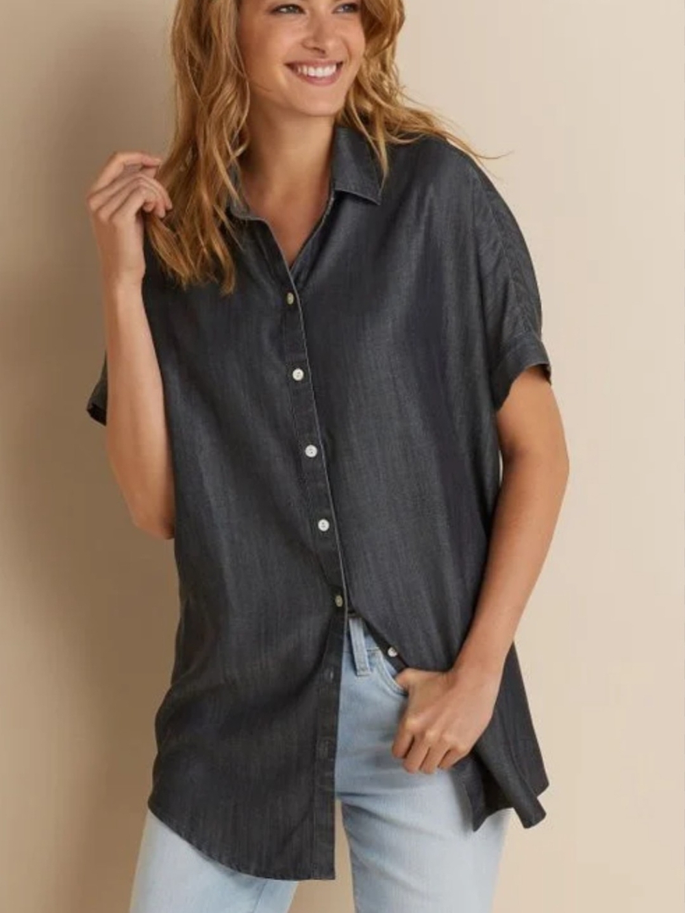 Plus Size Soft Surroundings Je Venx Tencel Charcoal Short-Sleeve Button-Down Top